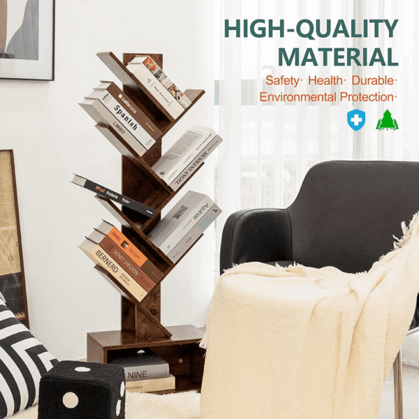 Tree Bookshelf - 6 Shelf Retro Floor Standing Bookcase, Tall Wood Book Storage Rack for Cds/Movies/Books, Utility Organizer Shelves Bedroom, Living Room, Home Office, Rustic Brown - Image 8
