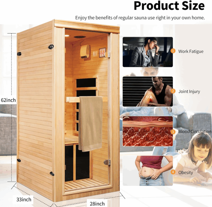 Sauna Home Sauna with Bluetooth & Reading Lighting,1 Person Infrared Sauna Spa Room with Foot Temperature Control,980W - Image 5