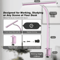 LED Desk Lamp for Office Home, Eye-Caring Desk Light with Stepless Dimming Adjustable Flexible Gooseneck, 10W USB Adapter Desk Lamp with Clamp for Reading, Study, Workbench (Pink) - Image 3