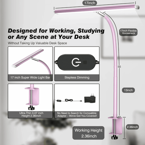 LED Desk Lamp for Office Home, Eye-Caring Desk Light with Stepless Dimming Adjustable Flexible Gooseneck, 10W USB Adapter Desk Lamp with Clamp for Reading, Study, Workbench (Pink) - Image 3