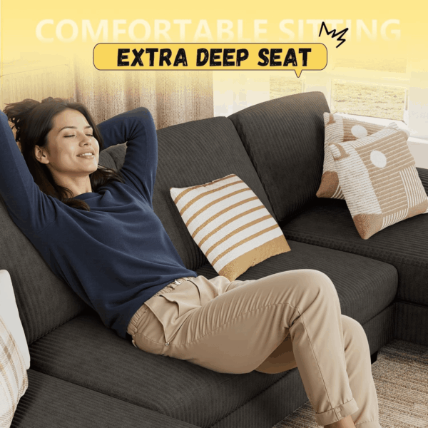 Sectional Couches for Living Room, U Shaped Couch with Chenille Fabric, 4 Seat Modern Sofa with Removable Pillows for Apartment and Small Space (Corduroy, Light Grey) - Image 4