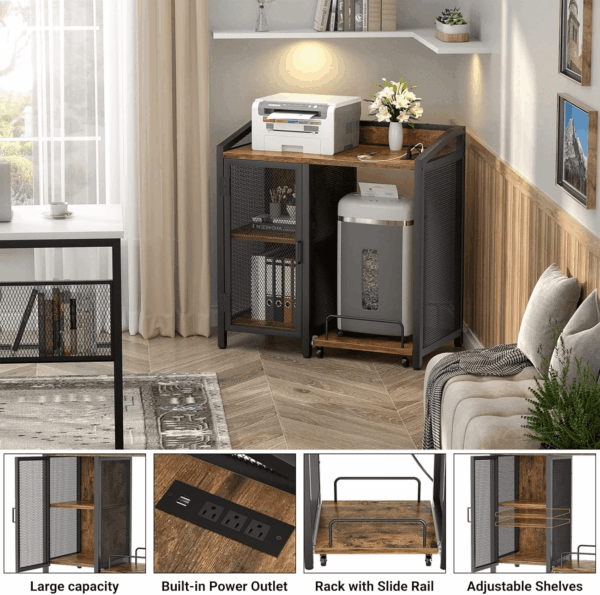 3-Tier Lateral Office Filing Cabinets with Socket and USB Charging Port, Modern Printer Stand and Paper Shredder Stand Rack with Wheels and Open Storage Shelves for Home Office, Rustic Brown - Image 4