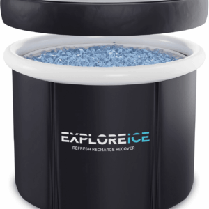 Explore Ice Bath Pro Max Extra Large Outdoor Inflatable Portable Athlete Cold Water Therapy Plunge Barrel Bath Tub with Lid and Carry Bag, Black/White