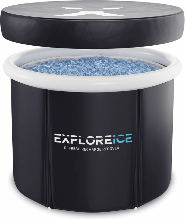 Explore Ice Bath Pro Max Extra Large Outdoor Inflatable Portable Athlete Cold Water Therapy Plunge Barrel Bath Tub with Lid and Carry Bag, Black/White