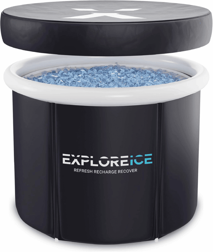 Explore Ice Bath Pro Max Extra Large Outdoor Inflatable Portable Athlete Cold Water Therapy Plunge Barrel Bath Tub with Lid and Carry Bag, Black/White