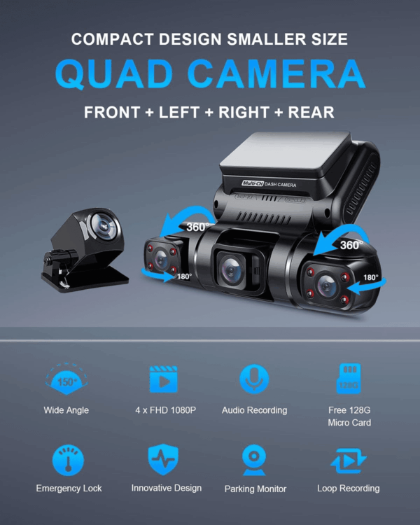 360 Degree View 4 Channel Dash Cam Front and Rear inside Left Right, Dash Camera for Cars, Built-In GPS Wifi Night Vision, 24/7 Recording Parking Mode Monitor, Free 128G Card - Image 2
