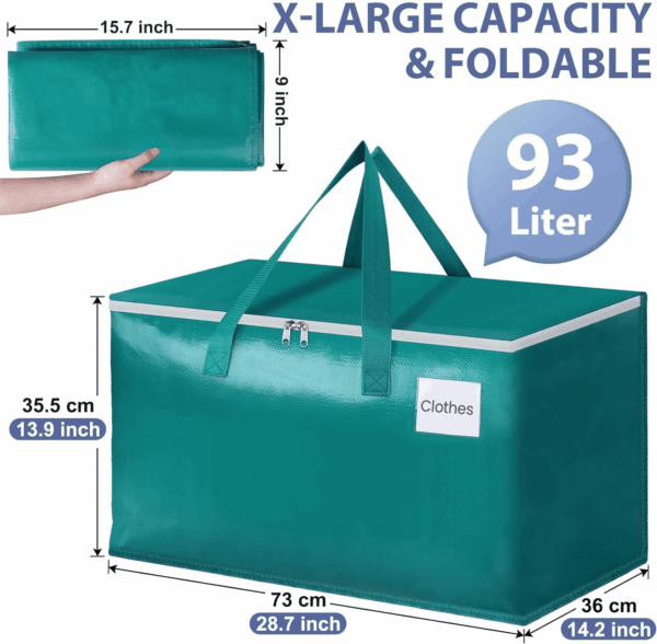 Moving Bags-Heavy Duty Moving Boxes, Storage Totes with Zipper, Reinforced Handles and Tag Pocket-Collapsible Moving Supplies for Moving, Storage and Travel 93L(Green-4 Pack) - Image 2