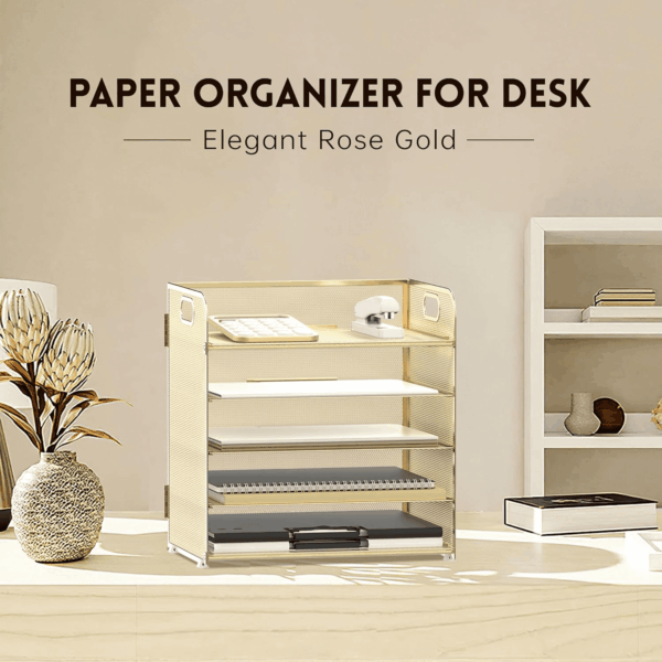 5 Trays Paper Organizer Letter Tray with Handle-Mesh Desk File Organizer, Paper Sorter Desk Organizer for Office, Home or School (Golden) - Image 2