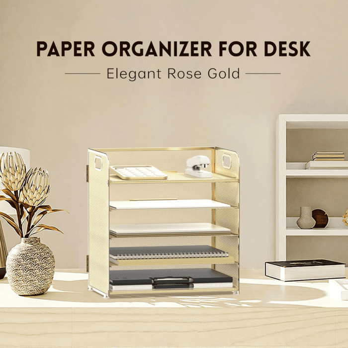 5 Trays Paper Organizer Letter Tray with Handle-Mesh Desk File Organizer, Paper Sorter Desk Organizer for Office, Home or School (Golden) - Image 2