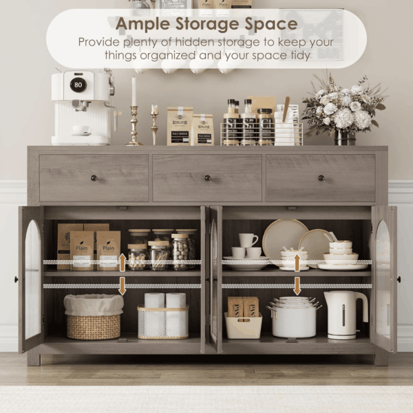 55.1" Large Sideboard Buffet Cabinet with Storage, Farmhouse Kitchen Display with 3 Drawers and 4 Doors, Wood Coffee Bar for Kitchen, Ash Grey - Image 7