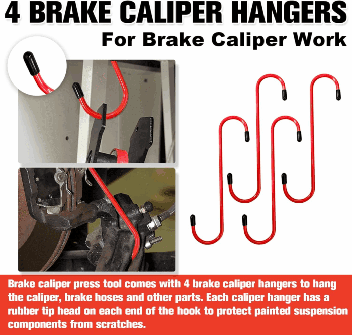 Brake Caliper Compression Tool,Caliper Piston Compressor Tool 4 in 1 Universal Disc Brake Pad Spreader,360° Swing Ratchets,Automotive Tools with 4 Break Caliper Hangers,Red - Image 6