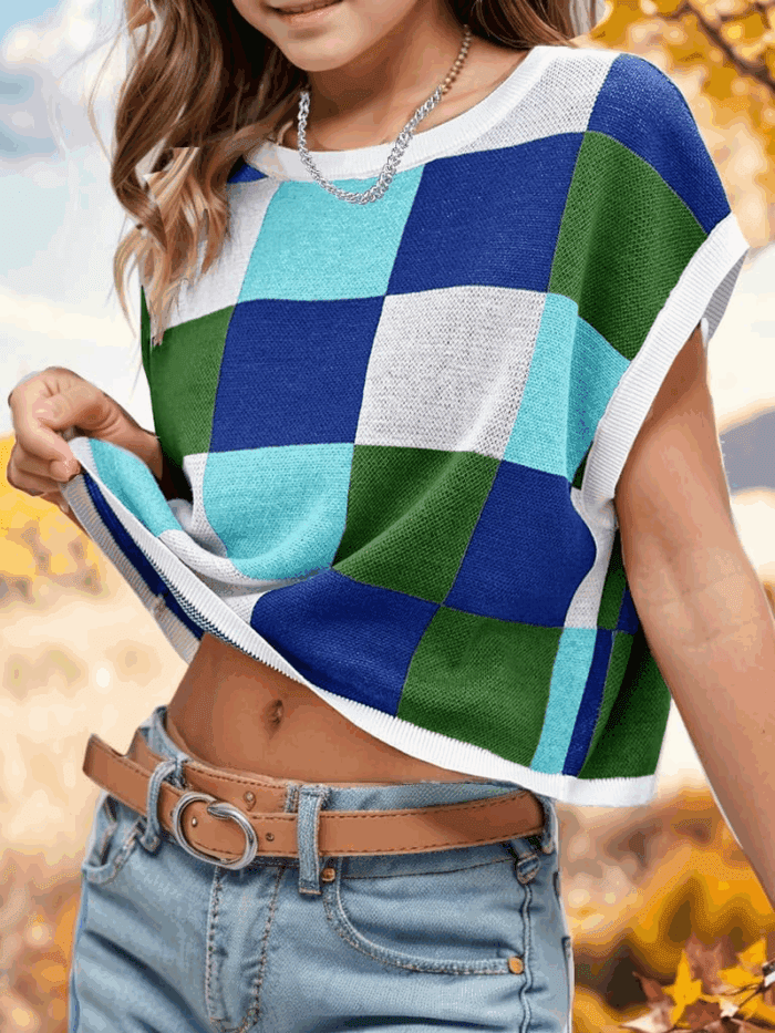 Girls Summer Crop Tops Spring Vest Cute Tanks Cap Sleeve Colorblock Tee Loose Kids Fall Knit Top - Image 4