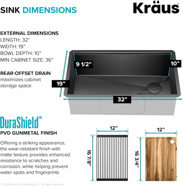 Kore Workstation 32-Inch Undermount 16 Gauge Black Stainless Kitchen Sink, Single Bowl Kitchen Sink in PVD Gunmetal Finish with Accessories, KWU110-32/PGM - Image 4