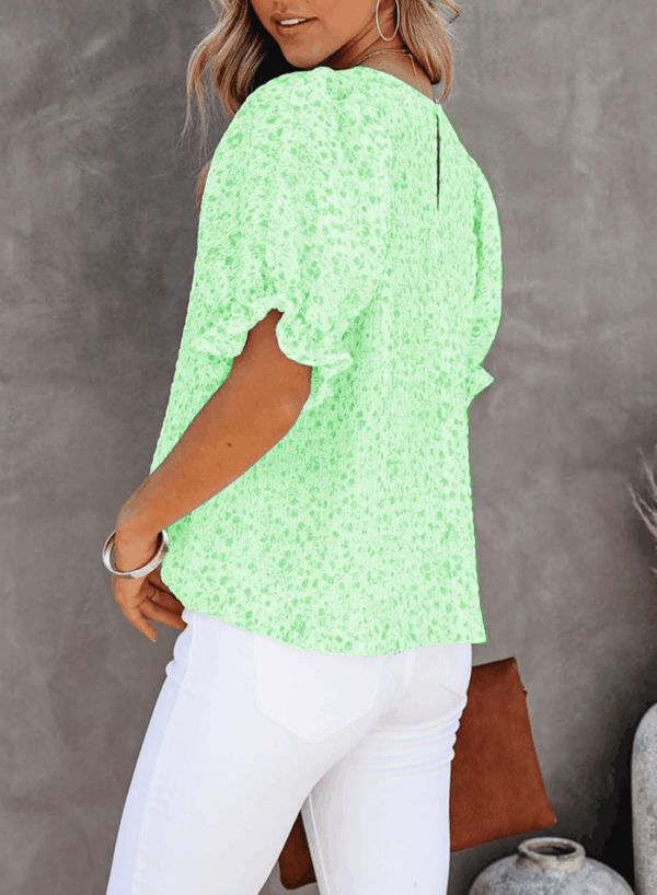 Floral Print Blouses for Women Crewneck Smocked Puff Sleeve Shirts Casual Babydoll Tops - Image 4