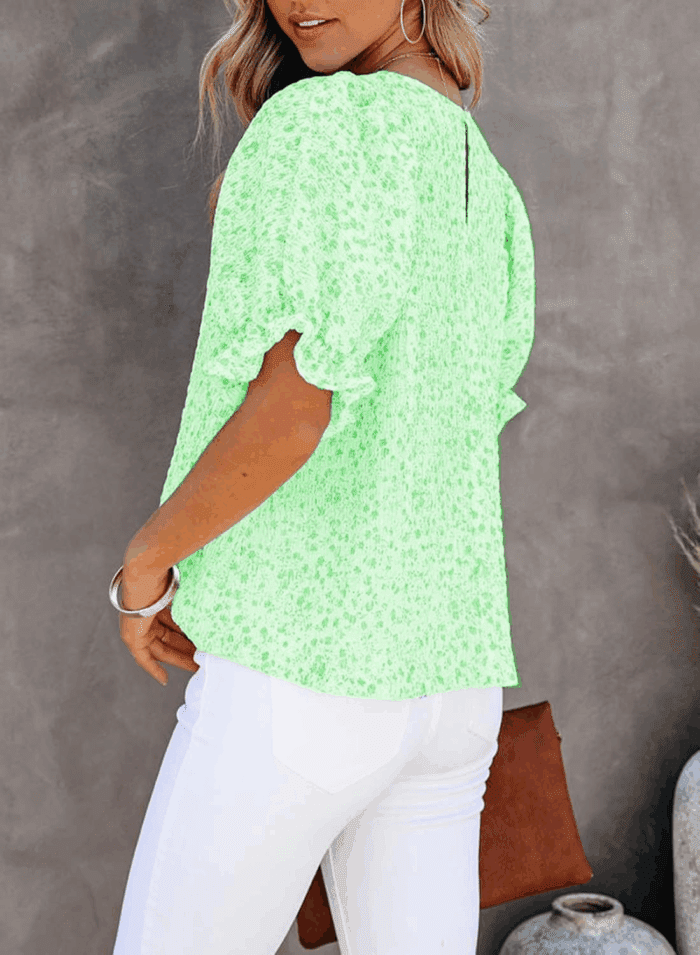 Floral Print Blouses for Women Crewneck Smocked Puff Sleeve Shirts Casual Babydoll Tops - Image 4
