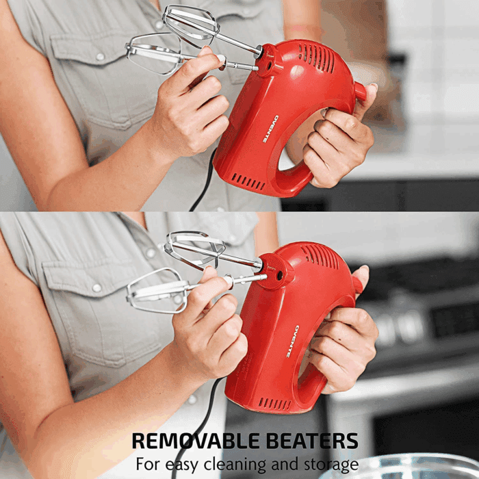 Portable 5 Speed Mixing Electric Hand Mixer with Stainless Steel Whisk Beater Attachments & Snap Storage Case, Compact Lightweight 150 Watt Powerful Blender for Baking & Cooking, Red HM151R - Image 5