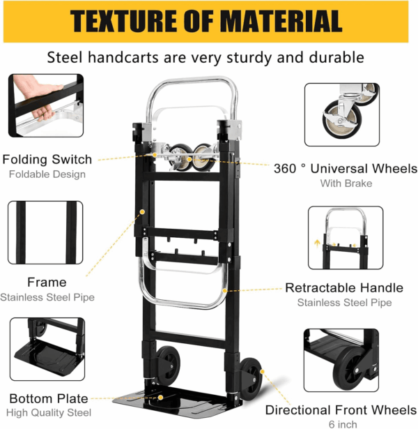2025 New Upgrade Hand Truck Dolly Heavy Duty 660Lbs Capacity,3 in 1 Folding Hand Truck with Telescoping Handles and Rubber Wheels,Portable Dolly Cart with Brakes and Bungee Cords for Moving - Image 4