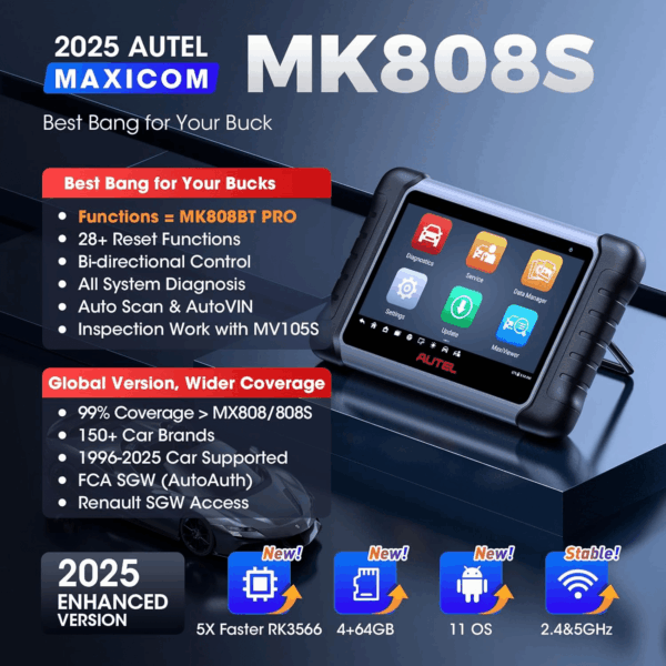 Scanner Maxicom MK808S: 2025 Bidirectional Tool as MK808BT Pro MX808S M808Z, Function as Maxicheck MX900, 28+ Service, Active Test, All System Diagnose, Injector Coding, FCA Autoauth Android 11 - Image 2