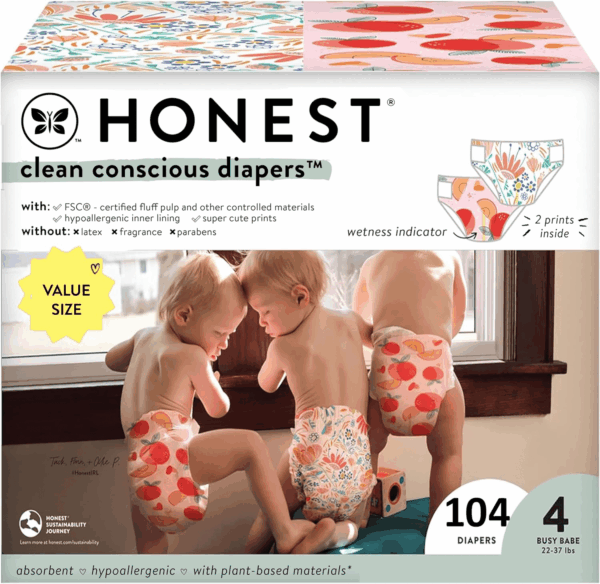 Clean Conscious Diapers for Sensitive Skin | Hypoallergenic, Fragrance Free | Girl Prints | Super Club Box, Size 4 (22-37 Lbs), 104 Count