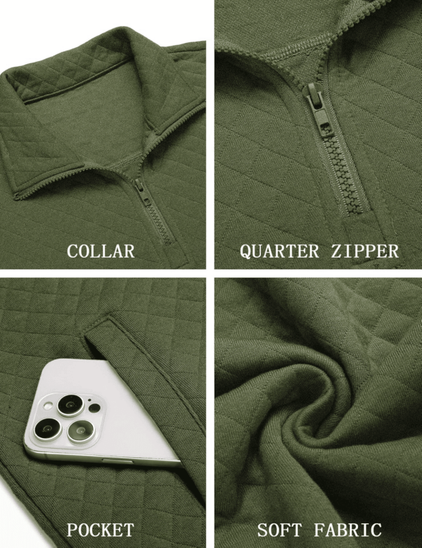 Mens Quarter Zip Pullover Quilted Sweatshirt Knit Long Sleeve Mock Neck Sweater Polo with Pocket - Image 5