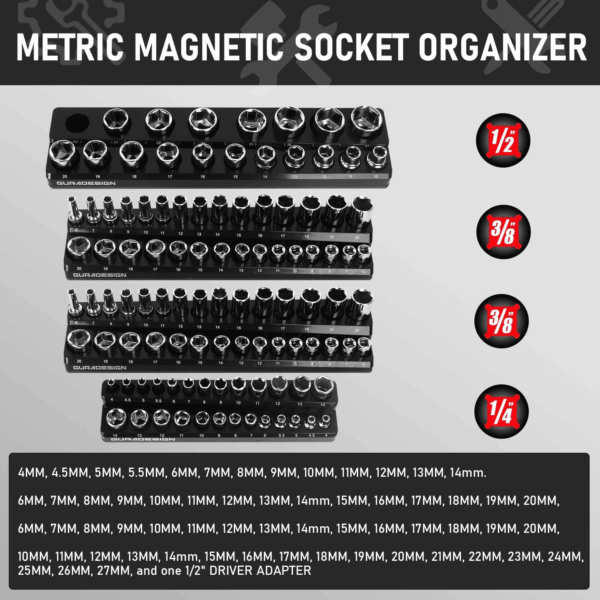 8PCS Magnetic Socket Organizer Set, Magnetic Socket Holder, 1/4", 3/8", 1/2" Socket Holds 171 Pieces Magnetic Socket Trays. - Image 4