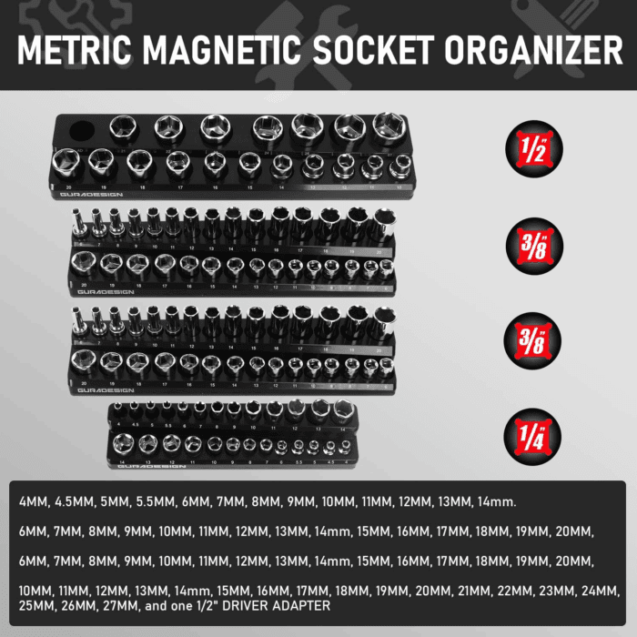 8PCS Magnetic Socket Organizer Set, Magnetic Socket Holder, 1/4", 3/8", 1/2" Socket Holds 171 Pieces Magnetic Socket Trays. - Image 4
