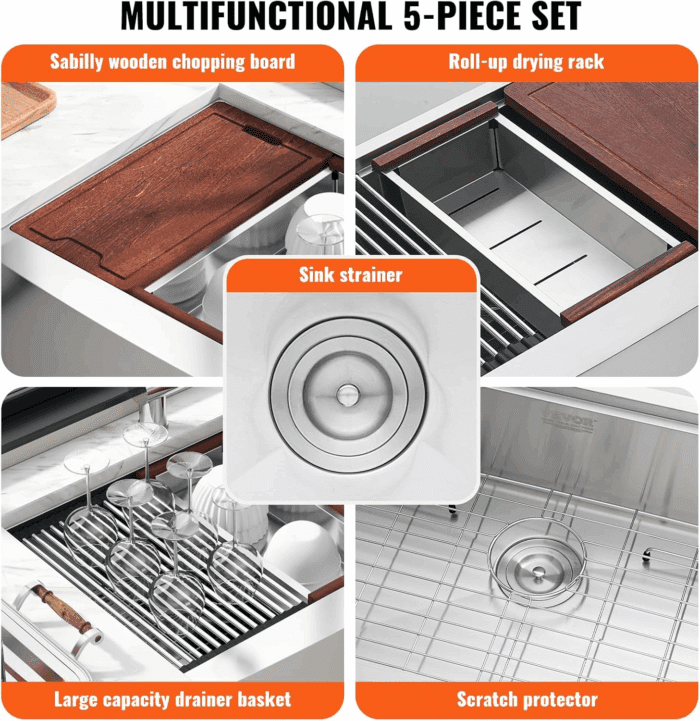 33 Inch Farmhouse Kitchen Sink, 304 Stainless Steel Sink, Top Mount Single Bowl Kitchen Sinks with Ledge & Accessories, Household Dishwasher Sinks for Farm, Prep Kitchen, Garage and Bar Sink - Image 3