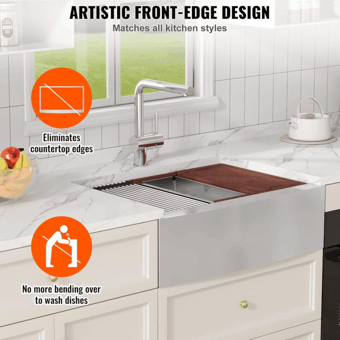 33 Inch Farmhouse Kitchen Sink, 304 Stainless Steel Sink, Top Mount Single Bowl Kitchen Sinks with Ledge & Accessories, Household Dishwasher Sinks for Farm, Prep Kitchen, Garage and Bar Sink - Image 6