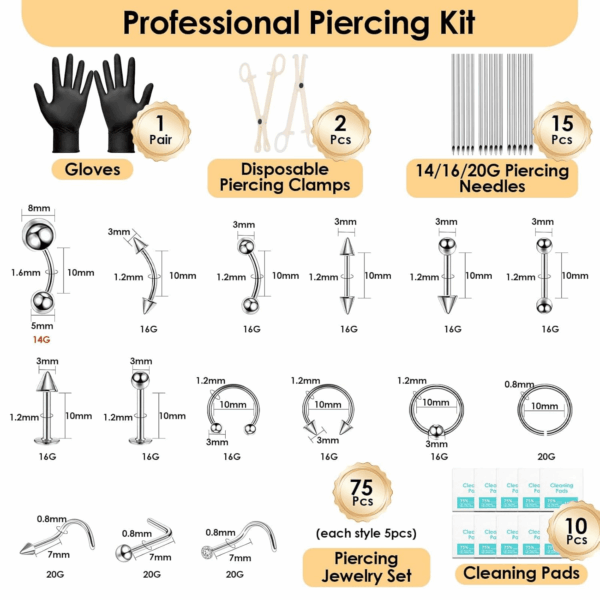 104PCS Body Septum Piercing Kit with 14G/16G/20G Piercing Needles Piercing Jewelry and Tool Set for Ear Nose Belly Button Nipple Lip Cartilage Eyebrow Tongue Navel Piercing Kit for All Piercings - Image 2