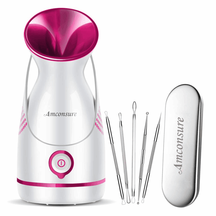 Facial Steamer - Nano Ionic Face Steamer Warm Mist Steamer for Home Sauna SPA, Humidifier for Face Steamer for Deep Cleaning Unclogs Pores Sinuses - Bonus 5 Piece Stainless Steel Skin Kit