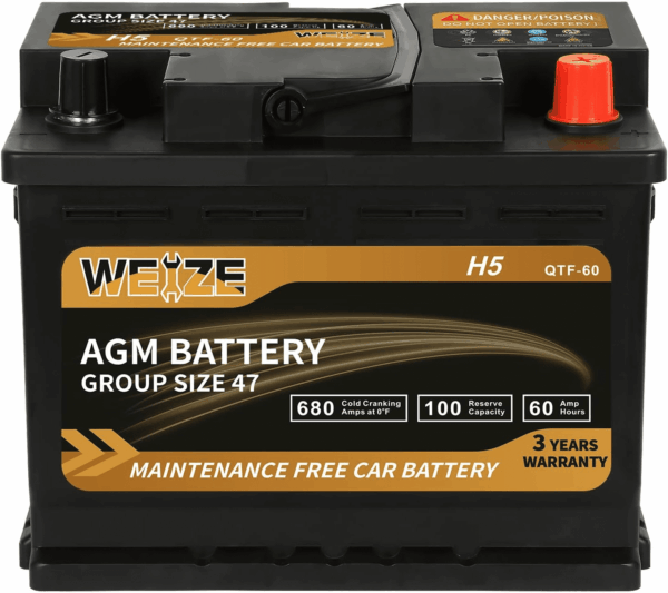 Platinum AGM Battery BCI Group 47-12V 60Ah H5 Size 47 Automotive Battery, 100RC, 680CCA, 36 Months Warranty