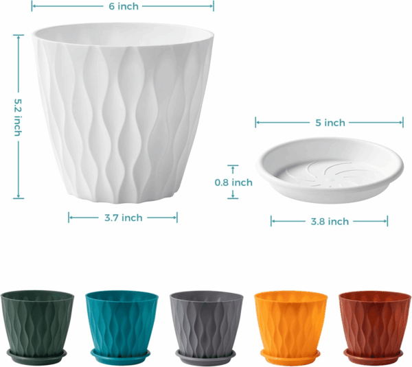 6-Pack 6-Inch Plastic Plant Pots with Saucers | Thickened PP Material, Modern Wave Texture, Enhanced Drainage for Indoor/Outdoor Garden Plants | Tricolor Value Set - Image 3