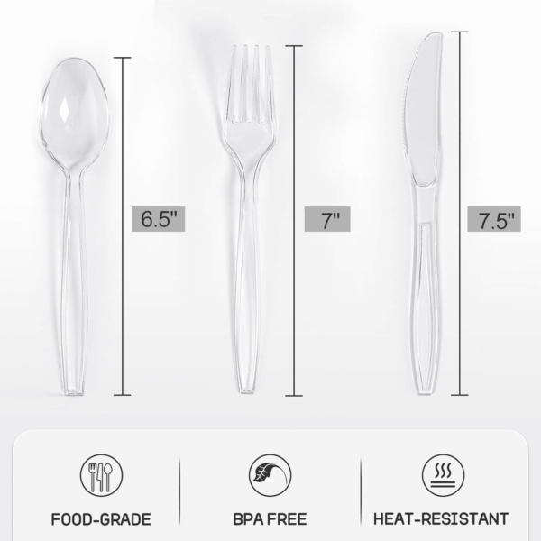 300 Count Heavy Duty Clear Plastic Silverware, Disposable Plastic Utensils Set, 100 Forks, 100 Spoons, 100 Knives, Bpa-Free Heat Resistant Durable Plastic Cutlery Set for Party - Image 2
