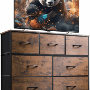 7 Drawer Dresser TV Stand, Entertainment Center, Media Console Table with Metal Frame and Wood Top for TV up to 45 Inch, Chest of Drawers for Bedroom, Living Room, Rustic Brown Wood Grain Print