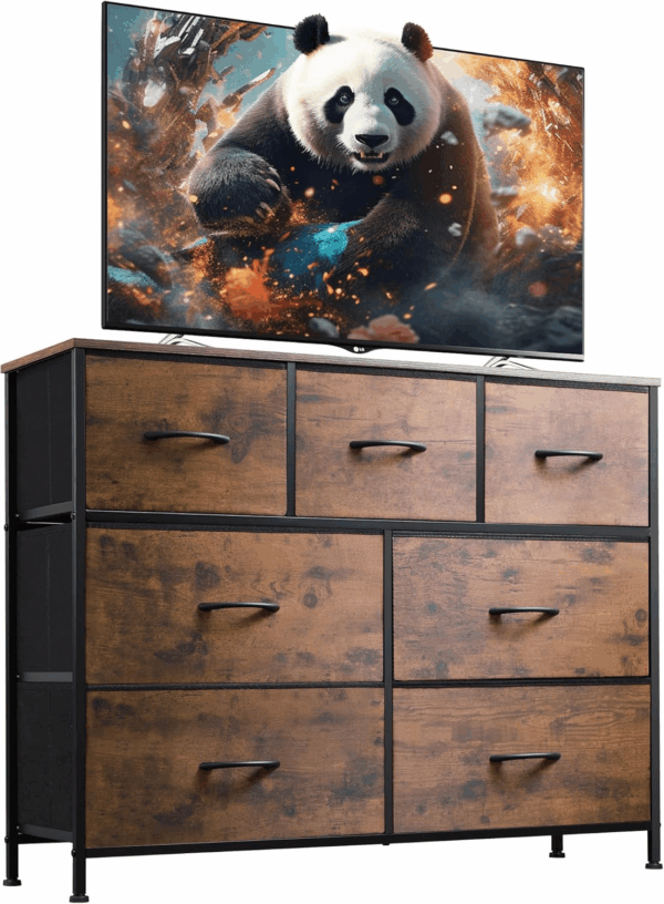 7 Drawer Dresser TV Stand, Entertainment Center, Media Console Table with Metal Frame and Wood Top for TV up to 45 Inch, Chest of Drawers for Bedroom, Living Room, Rustic Brown Wood Grain Print