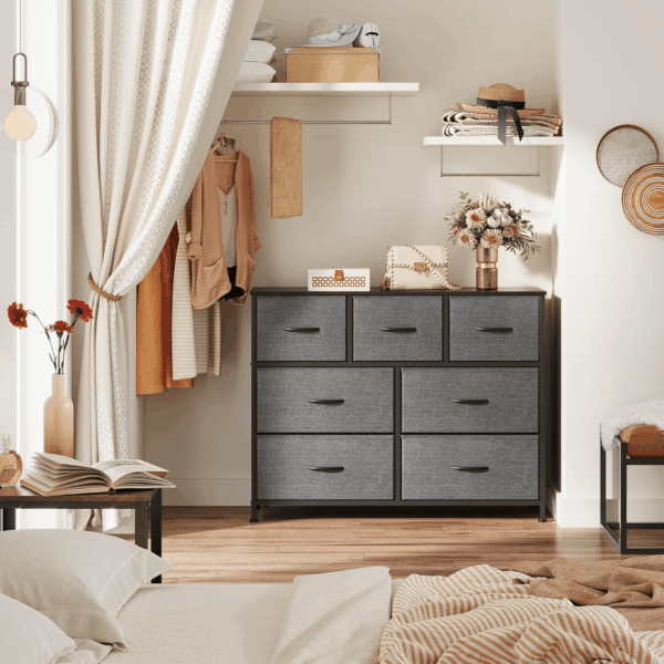 7 Drawer Dresser TV Stand, Entertainment Center, Media Console Table with Metal Frame and Wood Top for TV up to 45 Inch, Chest of Drawers for Bedroom, Living Room, Dark Grey - Image 2