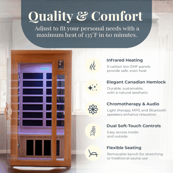 2-Person Home Sauna with Infrared Lighting and Integrated Speakers, Barcelona - Personal Indoor Luxury Spa for House and Gym - Image 5