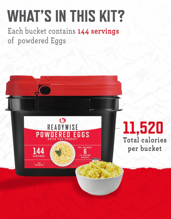 - Powdered Eggs Bucket, 144 Servings, Emergency, MRE Food Supply, Premade, Freeze Dried Survival Food for Hiking, Adventure & Camping Essentials, Individually Packaged, 25 Year Shelf Life - Image 4
