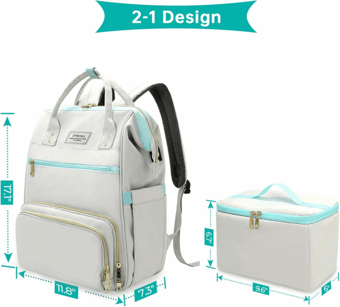 Lunch Backpack, 15.6 Inch Laptop Backpack with USB Port, Stylish Nurse, Teacher Work Bag with Insulated Cooler Lunch Box for Women Men/Travel, Grey Blue - Image 4