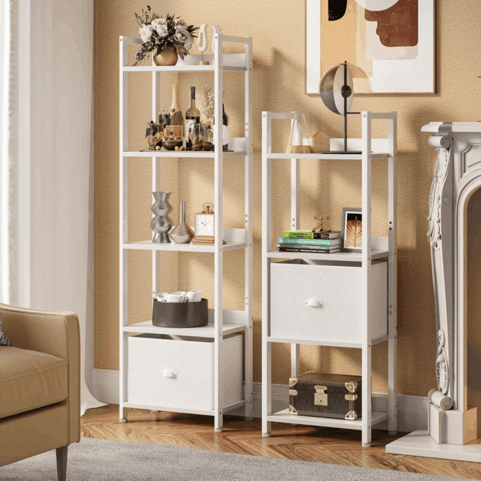 5 Tier Bookshelf with Drawer, Tall Narrow Bookcase with Shelves, Wood and Metal Book Shelf Storage Organizer, Modern Display Standing Shelf Unit for Bedroom, Living Room, Office, White - Image 2
