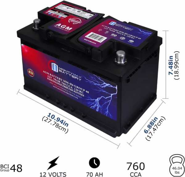 MM-H6 Start and Stop Car BCI Group Size 48 12V 70 AH, 120RC, 760 CCA Rechargeable AGM Car Battery - Image 2