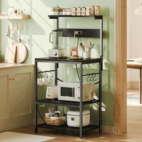 Kitchen Bakers Rack with Power Outlet, Coffee Bar Table 4 Tiers, Kitchen Microwave Stand with 6 S-Shaped Hooks, Kitchen Storage Shelf Rack for Spices, Pots and Pans - Black - Image 2