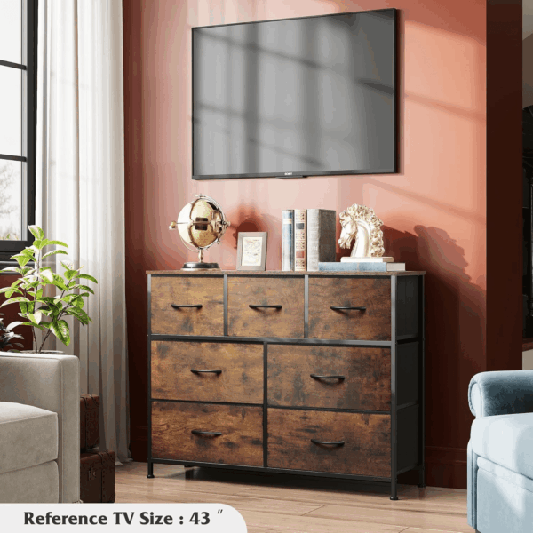 7 Drawer Dresser TV Stand, Entertainment Center, Media Console Table with Metal Frame and Wood Top for TV up to 45 Inch, Chest of Drawers for Bedroom, Living Room, Rustic Brown Wood Grain Print - Image 2