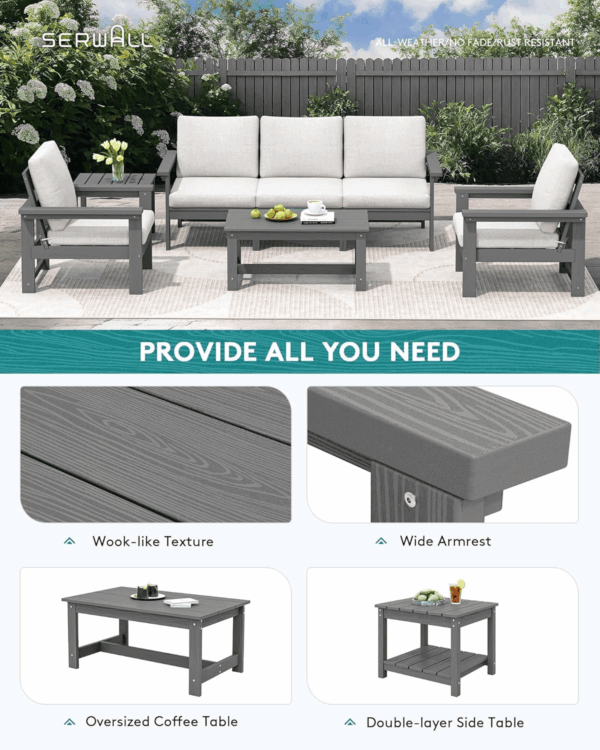 HDPE Outdoor Patio Furniture Set, 7-Piece Outdoor Sectional Patio Conversation Set, All Weather Outdoor Couch Set Patio Sofa Set for Deck, Lawn, Grey Frame with Khaki Cushion - Image 7