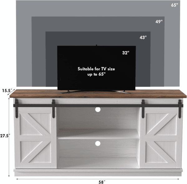 TV Stand for 65 Inch TV, Entertainment Center with Storage Cabinets and Sliding Barn Doors, Mid Century Modern Media TV Console Table for Living Room Bedroom (Bright White) - Image 5