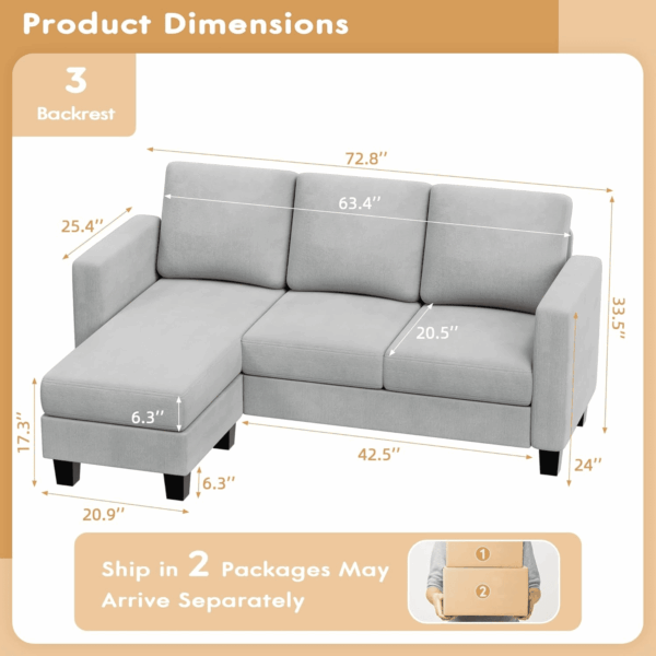 Convertible Sectional Sofa Couch, 3 Seat L-Shaped Sofa with Linen Fabric Ottoman Small Couch for Small Apartments, Living Room and Office (Linen Fabric, Light Gray) - Image 2