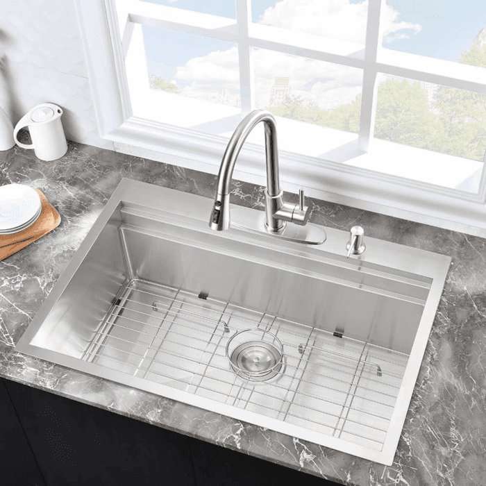 33 Inch Drop in Kitchen Sink Workstation- 33X22 Drop in Topmount Sink Double Ledges Workstation 16 Gauge Stainless Steel Single Bowl Deep Kitchen Sinks with Cutting Board - Image 2