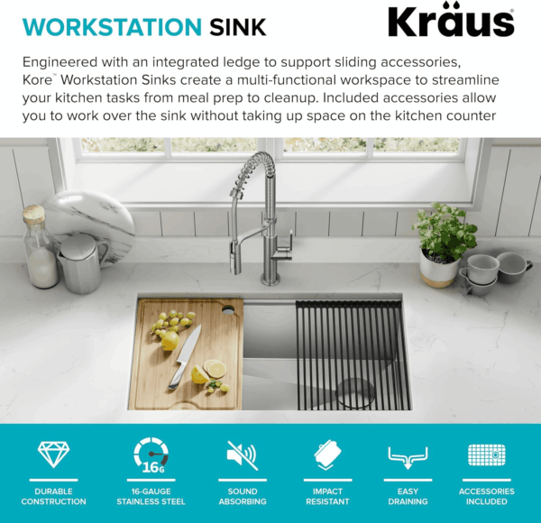 Kore Workstation 32-Inch Undermount 16 Gauge Stainless Steel Kitchen Sink, Single Bowl Kitchen Sink with Accessories, KWU110-32 - Image 3