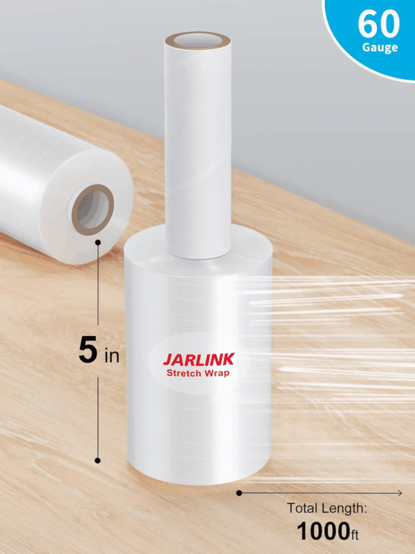 4 Pack Stretch Film, 5" 1000Ft Mini Industrial Strength up to 500% Stretch Shrink Wrap with Handles, Thick Durable Self-Adhering Plastic Wrap for Pallet Wrap, Moving, Packing, 60 Gauge - Image 2
