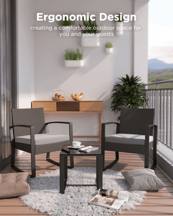 3 Pieces Patio Furniture Set Rocking Bistro Set Outdoor Rattan Conversation with Coffee Table for Garden Balcony Backyard Poolside (Grey Cushion) - Image 6
